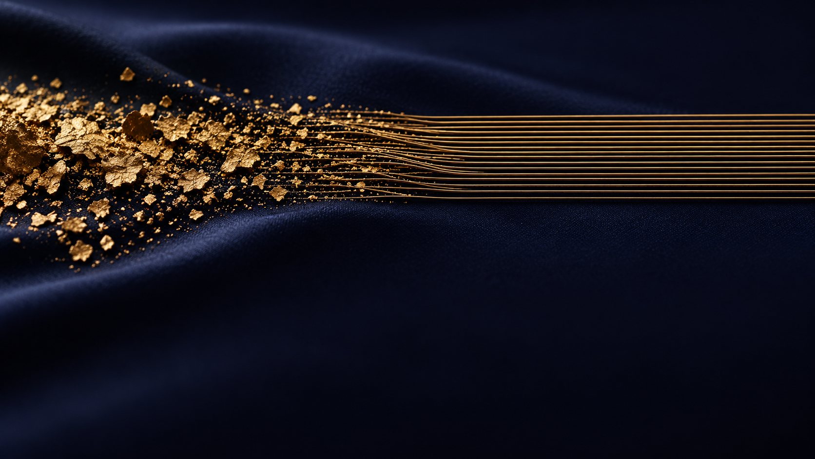 Loose gold flakes on dark indigo silk drawing together into parallel gold lines
