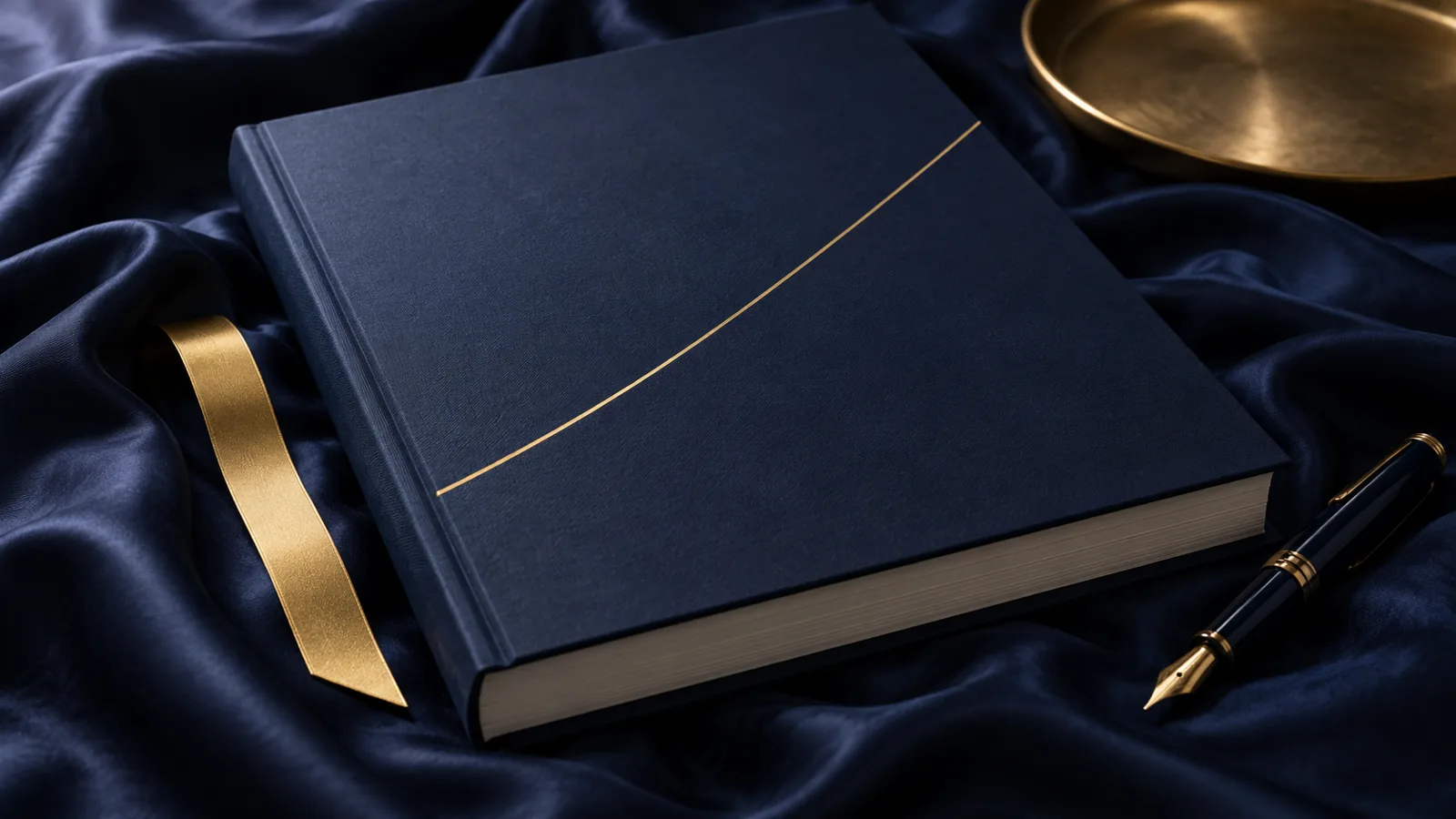 A bound written report with a single gold line on its cover, resting on dark silk
