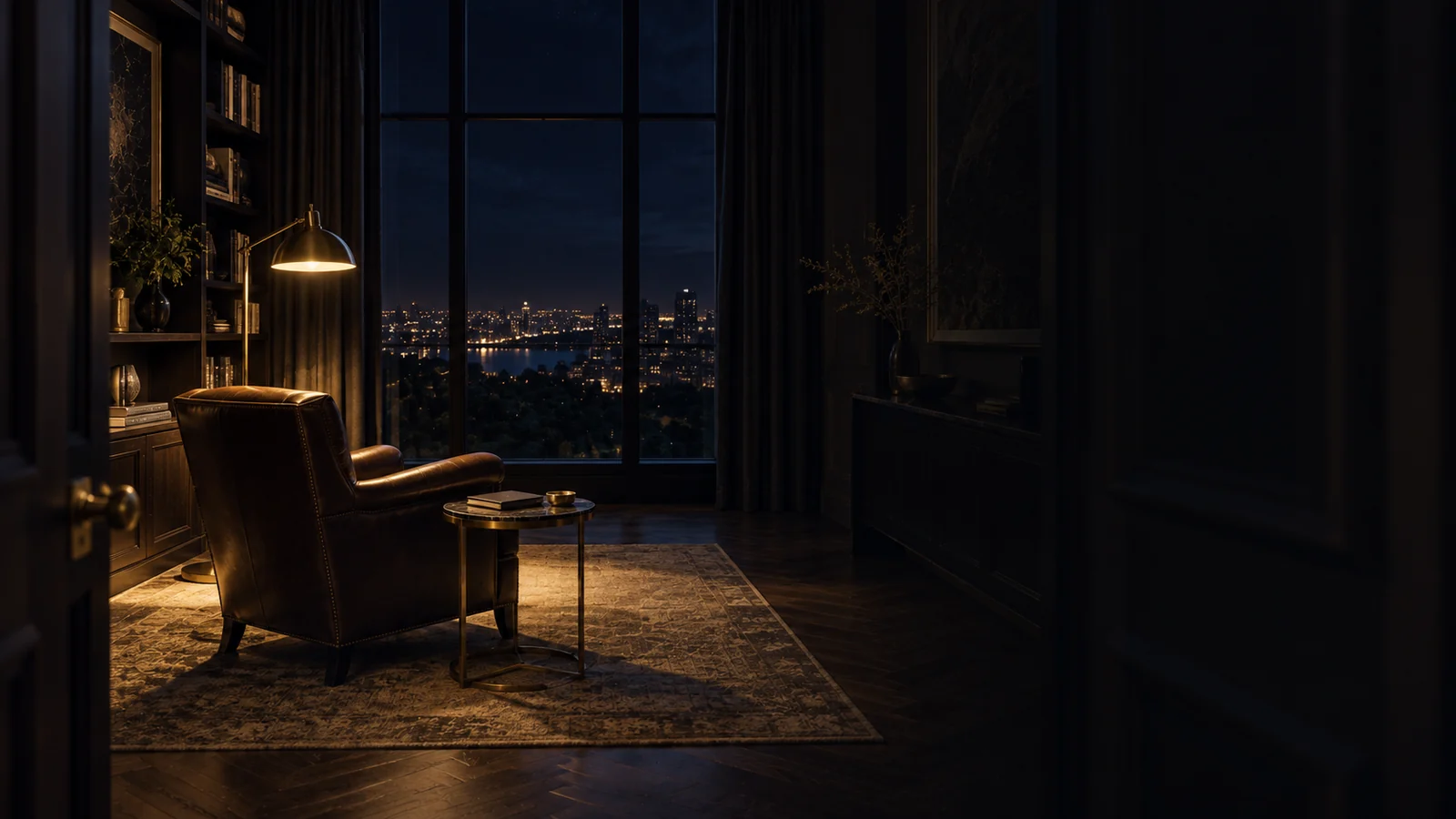 An empty study at night, one chair and a lamp